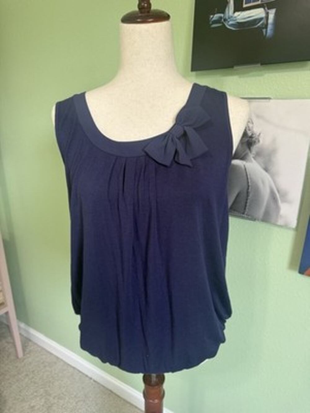 LOFT Womens LP Navy Blue Bow Accent Sleeveless Top Pleated Scoop Neck Tank Shirt